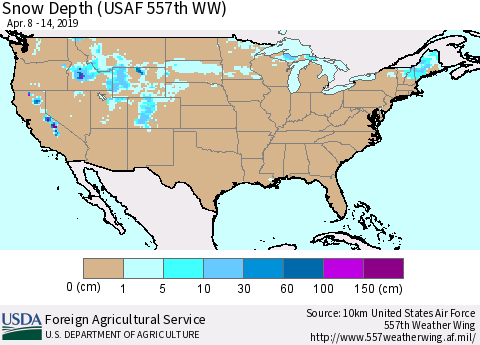 United States Snow Depth (USAF 557th WW) Thematic Map For 4/8/2019 - 4/14/2019