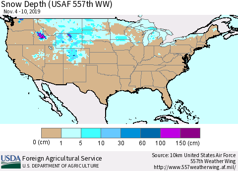 United States Snow Depth (USAF 557th WW) Thematic Map For 11/4/2019 - 11/10/2019