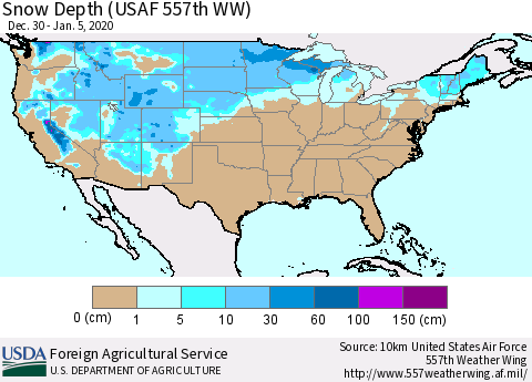 United States Snow Depth (USAF 557th WW) Thematic Map For 12/30/2019 - 1/5/2020