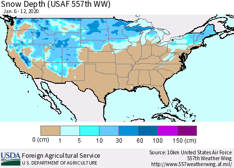 United States Snow Depth (USAF 557th WW) Thematic Map For 1/6/2020 - 1/12/2020