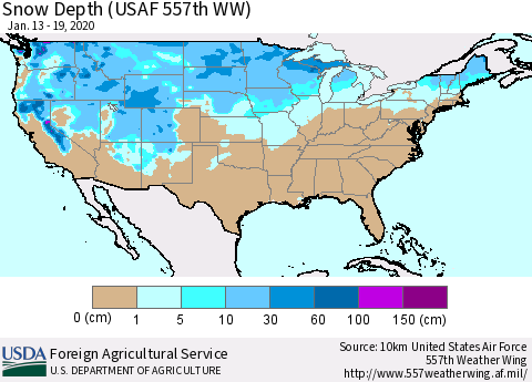 United States Snow Depth (USAF 557th WW) Thematic Map For 1/13/2020 - 1/19/2020