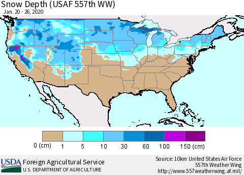 United States Snow Depth (USAF 557th WW) Thematic Map For 1/20/2020 - 1/26/2020