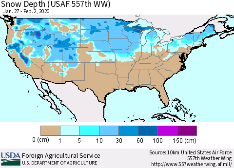 United States Snow Depth (USAF 557th WW) Thematic Map For 1/27/2020 - 2/2/2020