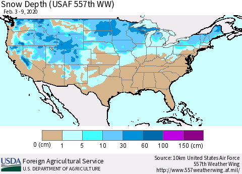 United States Snow Depth (USAF 557th WW) Thematic Map For 2/3/2020 - 2/9/2020