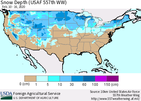 United States Snow Depth (USAF 557th WW) Thematic Map For 2/10/2020 - 2/16/2020