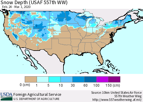United States Snow Depth (USAF 557th WW) Thematic Map For 2/24/2020 - 3/1/2020