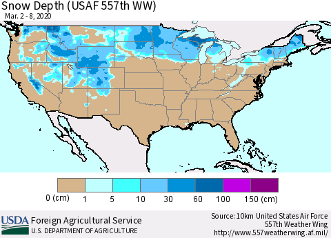 United States Snow Depth (USAF 557th WW) Thematic Map For 3/2/2020 - 3/8/2020