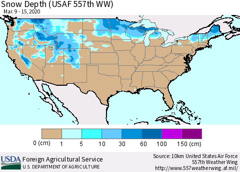 United States Snow Depth (USAF 557th WW) Thematic Map For 3/9/2020 - 3/15/2020
