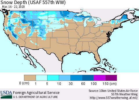 United States Snow Depth (USAF 557th WW) Thematic Map For 3/16/2020 - 3/22/2020
