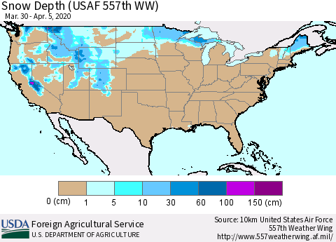 United States Snow Depth (USAF 557th WW) Thematic Map For 3/30/2020 - 4/5/2020