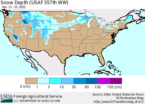 United States Snow Depth (USAF 557th WW) Thematic Map For 4/13/2020 - 4/19/2020