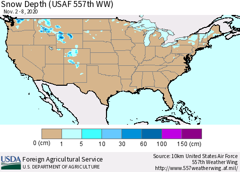United States Snow Depth (USAF 557th WW) Thematic Map For 11/2/2020 - 11/8/2020