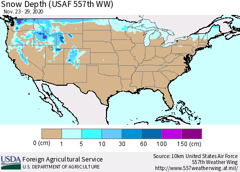 United States Snow Depth (USAF 557th WW) Thematic Map For 11/23/2020 - 11/29/2020