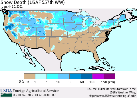 United States Snow Depth (USAF 557th WW) Thematic Map For 1/4/2021 - 1/10/2021