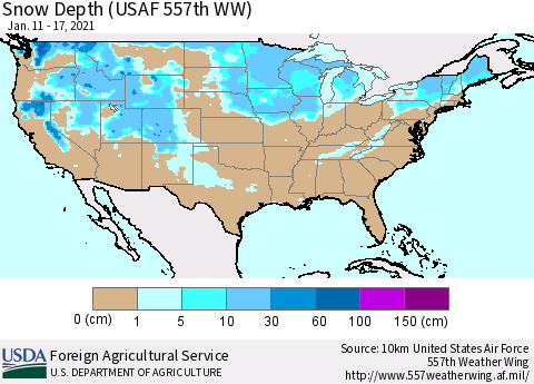 United States Snow Depth (USAF 557th WW) Thematic Map For 1/11/2021 - 1/17/2021