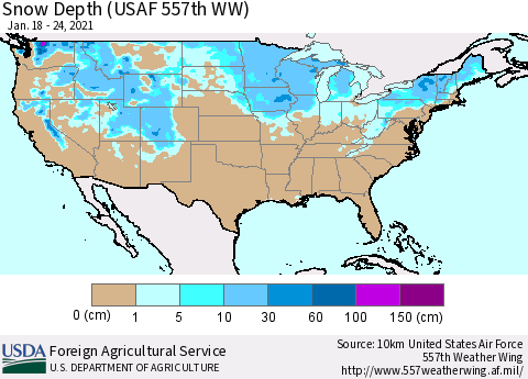 United States Snow Depth (USAF 557th WW) Thematic Map For 1/18/2021 - 1/24/2021