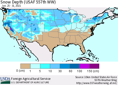 United States Snow Depth (USAF 557th WW) Thematic Map For 1/25/2021 - 1/31/2021