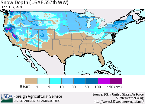 United States Snow Depth (USAF 557th WW) Thematic Map For 2/1/2021 - 2/7/2021