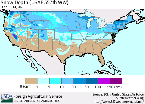 United States Snow Depth (USAF 557th WW) Thematic Map For 2/8/2021 - 2/14/2021