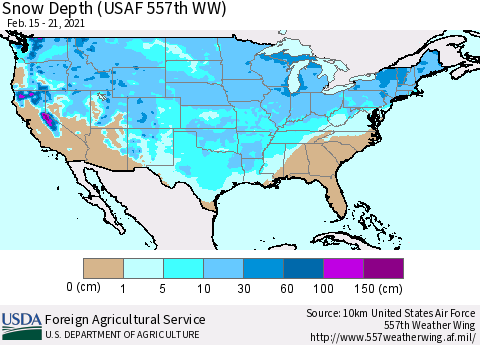 United States Snow Depth (USAF 557th WW) Thematic Map For 2/15/2021 - 2/21/2021