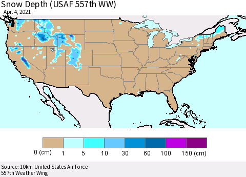 United States Snow Depth (USAF 557th WW) Thematic Map For 3/29/2021 - 4/4/2021