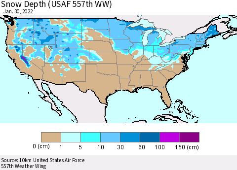 United States Snow Depth (USAF 557th WW) Thematic Map For 1/24/2022 - 1/30/2022
