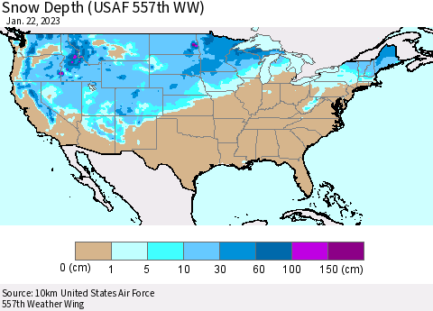 United States Snow Depth (USAF 557th WW) Thematic Map For 1/16/2023 - 1/22/2023
