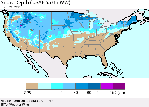 United States Snow Depth (USAF 557th WW) Thematic Map For 1/23/2023 - 1/29/2023