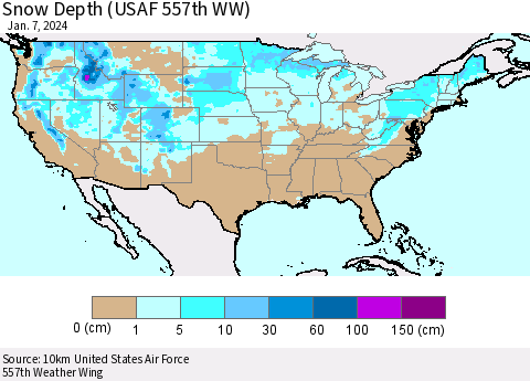United States Snow Depth (USAF 557th WW) Thematic Map For 1/1/2024 - 1/7/2024