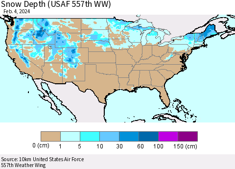 United States Snow Depth (USAF 557th WW) Thematic Map For 1/29/2024 - 2/4/2024