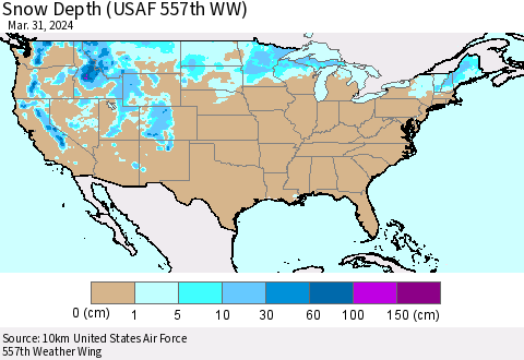 United States Snow Depth (USAF 557th WW) Thematic Map For 3/25/2024 - 3/31/2024