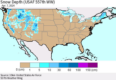 United States Snow Depth (USAF 557th WW) Thematic Map For 4/1/2024 - 4/7/2024