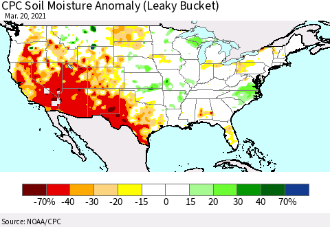 United States CPC Soil Moisture Anomaly (Leaky Bucket) Thematic Map For 3/16/2021 - 3/20/2021