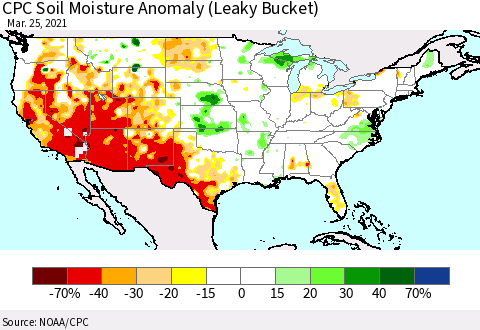 United States CPC Soil Moisture Anomaly (Leaky Bucket) Thematic Map For 3/21/2021 - 3/25/2021