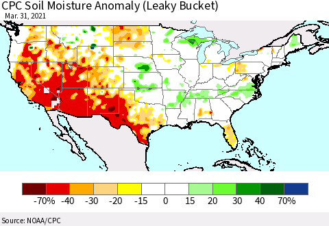 United States CPC Soil Moisture Anomaly (Leaky Bucket) Thematic Map For 3/26/2021 - 3/31/2021