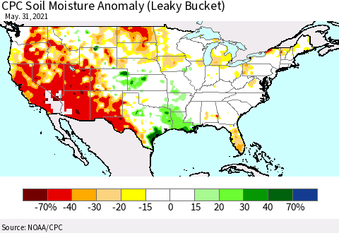 United States CPC Soil Moisture Anomaly (Leaky Bucket) Thematic Map For 5/26/2021 - 5/31/2021