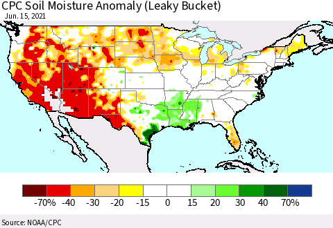 United States CPC Soil Moisture Anomaly (Leaky Bucket) Thematic Map For 6/11/2021 - 6/15/2021