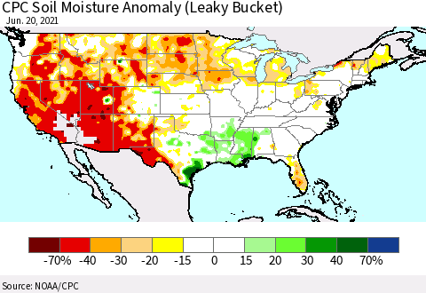 United States CPC Soil Moisture Anomaly (Leaky Bucket) Thematic Map For 6/16/2021 - 6/20/2021
