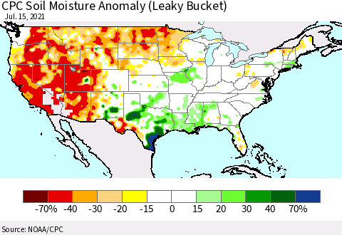United States CPC Soil Moisture Anomaly (Leaky Bucket) Thematic Map For 7/11/2021 - 7/15/2021