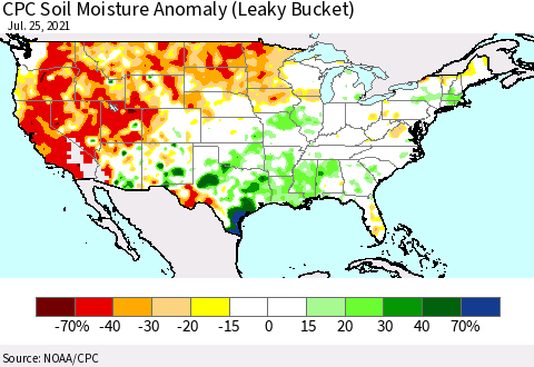 United States CPC Soil Moisture Anomaly (Leaky Bucket) Thematic Map For 7/21/2021 - 7/25/2021