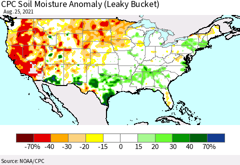 United States CPC Soil Moisture Anomaly (Leaky Bucket) Thematic Map For 8/21/2021 - 8/25/2021