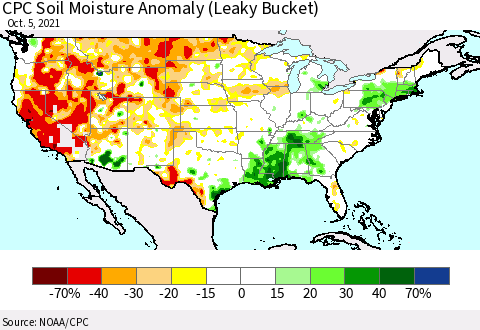 United States CPC Soil Moisture Anomaly (Leaky Bucket) Thematic Map For 10/1/2021 - 10/5/2021