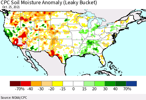 United States CPC Soil Moisture Anomaly (Leaky Bucket) Thematic Map For 10/21/2021 - 10/25/2021
