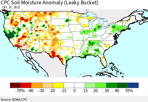 United States CPC Soil Moisture Anomaly (Leaky Bucket) Thematic Map For 10/26/2021 - 10/31/2021
