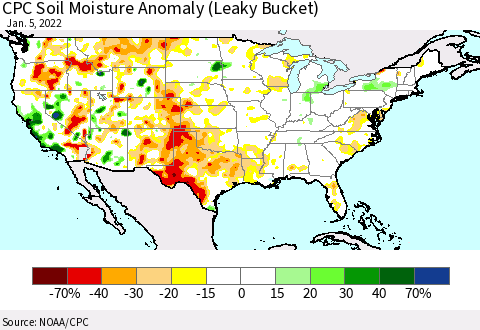 United States CPC Soil Moisture Anomaly (Leaky Bucket) Thematic Map For 1/1/2022 - 1/5/2022