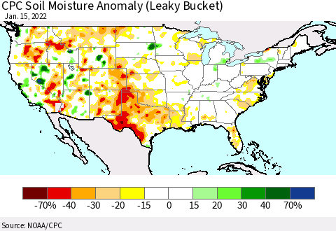 United States CPC Soil Moisture Anomaly (Leaky Bucket) Thematic Map For 1/11/2022 - 1/15/2022