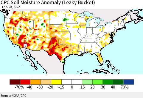 United States CPC Soil Moisture Anomaly (Leaky Bucket) Thematic Map For 2/16/2022 - 2/20/2022