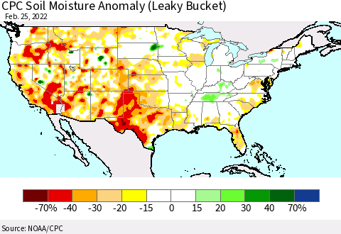 United States CPC Soil Moisture Anomaly (Leaky Bucket) Thematic Map For 2/21/2022 - 2/25/2022