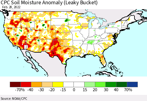 United States CPC Soil Moisture Anomaly (Leaky Bucket) Thematic Map For 2/26/2022 - 2/28/2022