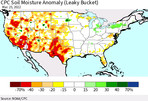 United States CPC Soil Moisture Anomaly (Leaky Bucket) Thematic Map For 3/21/2022 - 3/25/2022